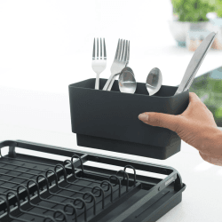 Image showing the Compact dish drying rack, H12.6 x W20 x D46cm, dark grey product.