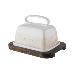 Image showing the Butter dish set, L18 x W12.5 x H11 cm, Stoneware / Wood product.