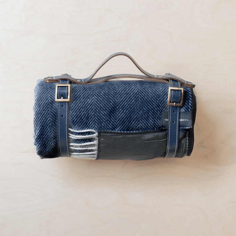 Herringbone Recycled Wool Picnic Blanket with Brown Leather Carrier, 140 x 190cm, Navy