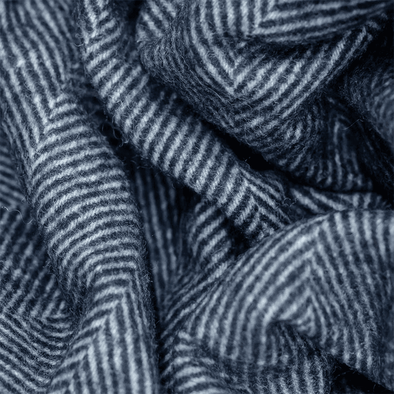 Herringbone Recycled Wool Picnic Blanket with Brown Leather Carrier, 140 x 190cm, Navy