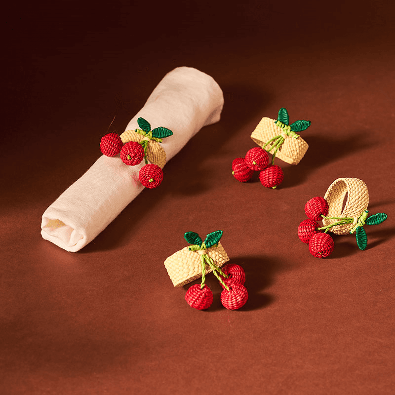 Narino Cherries Set of 4 Woven Napkin Rings, Red