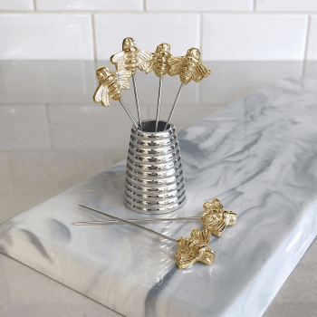 Image showing the Bee Set of 6 large olive picks and holder, H5cm, Silver product.
