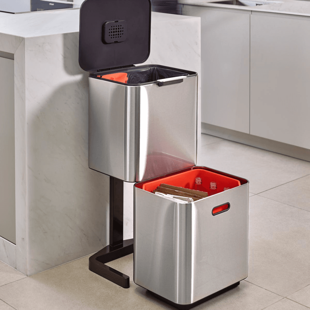 Totem Max Waste separation and recycling bin, H81.5 x W39 x D36.5cm - 60 litre, Stainless Steel