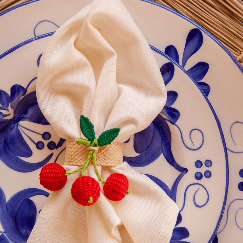 Narino Cherries Set of 4 Woven Napkin Rings, Red