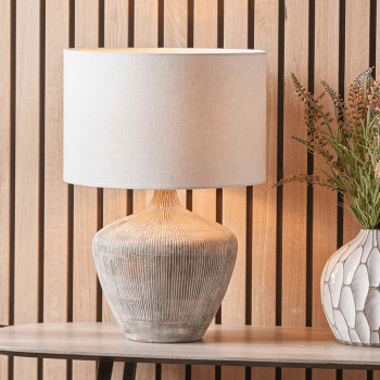 Image showing the Manaia Textured Table Lamp With Linen Drum Shade, H35cm, White Wash product.