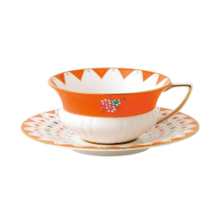 Image showing the Wonderlust - Peony Teacup and saucer diamond, 15cl, Orange/White product.