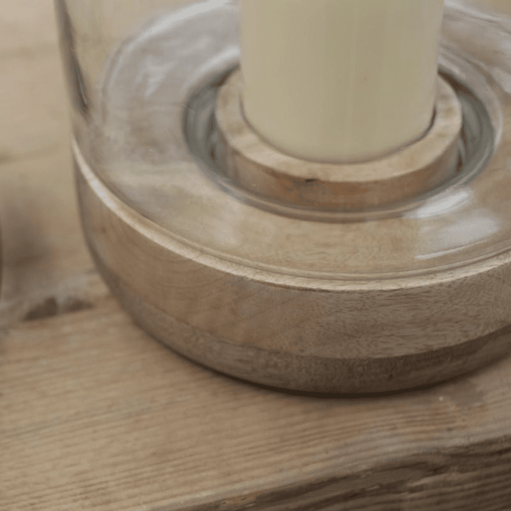Idha Tapered hurricane lantern, 32.5 x 21.5cm, Mango Wood And Glass