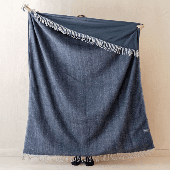 Image showing the Herringbone Recycled Wool Picnic Blanket with Brown Leather Carrier, 140 x 190cm, Navy product.