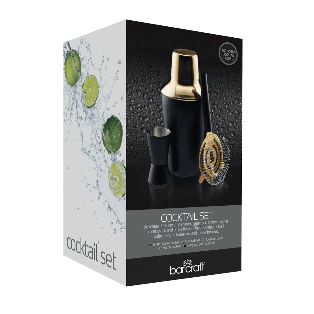 Barcraft 3 Piece Cocktail Set, Black/Brass
