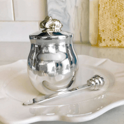 Image showing the Bee Honey pot with spreader, H10 x D7cm, Silver product.