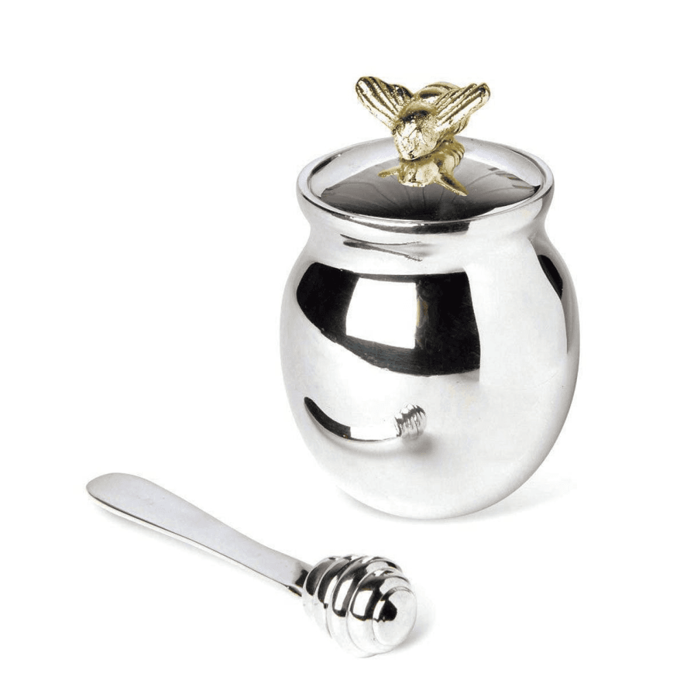 Bee Honey pot with spreader, H10 x D7cm, Silver