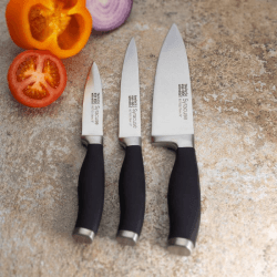 Image showing the Syracuse Soft Grip Set of 3 Knives Pairer, All Purpose & 15cm Chef's Knife, Black product.