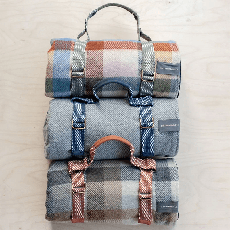 Herringbone Recycled Wool Picnic Blanket with Brown Leather Carrier, 140 x 190cm, Navy