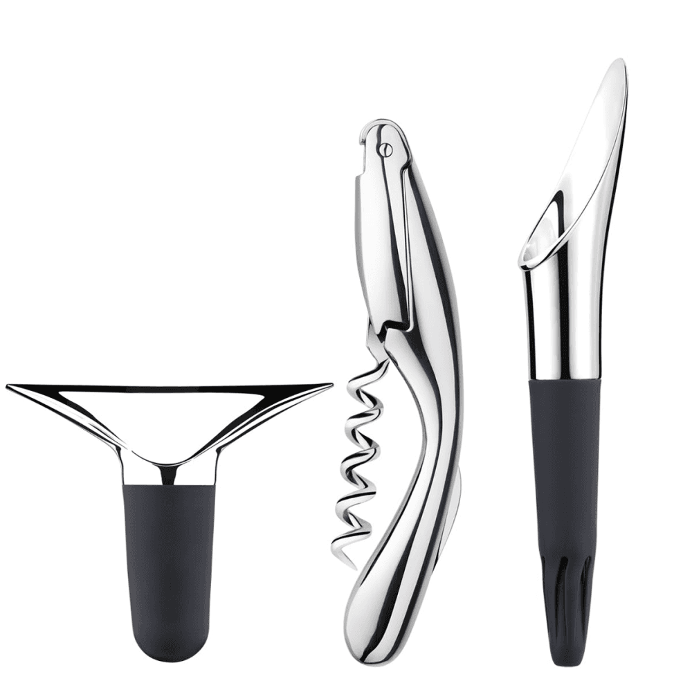 Bar & Wine 3 Piece Corkscrew, Stopper & Pourer Set, Polished Stainless Steel