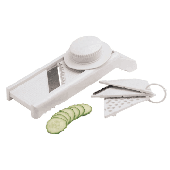 Image showing the Mandoline and grater with 4 cutting blades and safety guard product.
