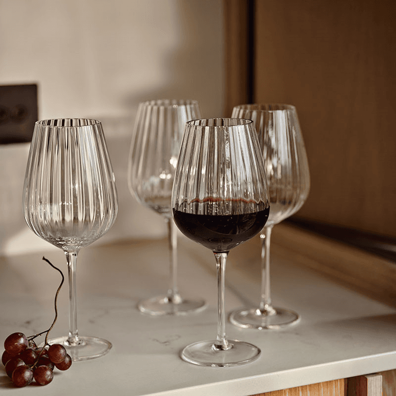 Ribbed Set of 4 Ribbed Red Wine Glasses, H24cm, Clear