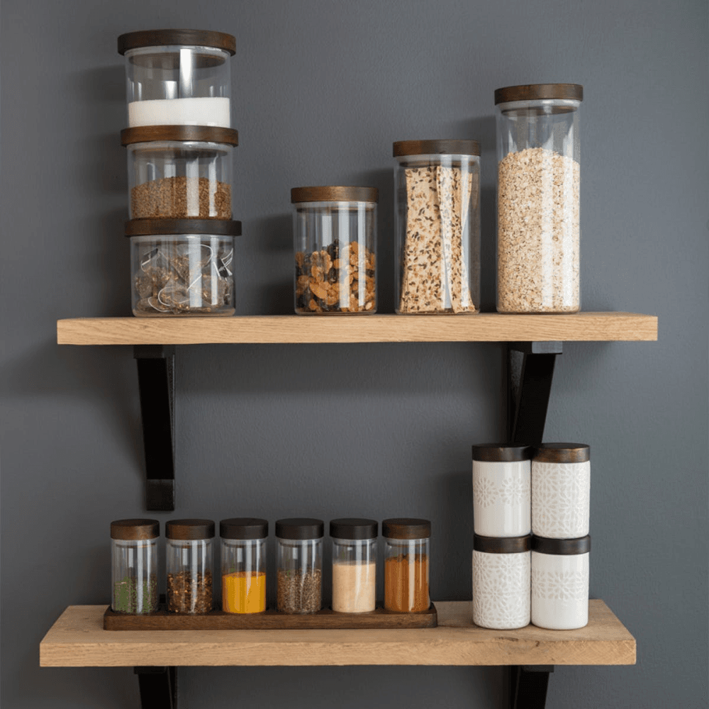 3 piece storage jar set, 600ml, acacia wood / glass