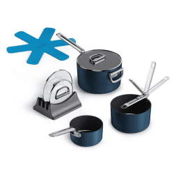 Image showing the Space Folding Ceramic Non-Stick 3 Piece Saucepan Set, Midnight Blue product.