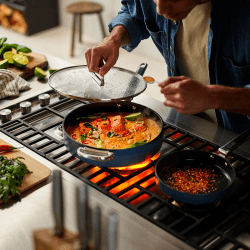 Image showing the Space Folding Ceramic Non-Stick Saute Pan & Lid, 28cm, Midnight Blue product.