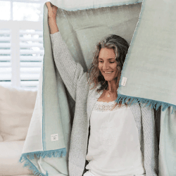 Image showing the Organic Cotton Chambray Yoga Blanket, 230 x 150cm, Eucalyptus product.