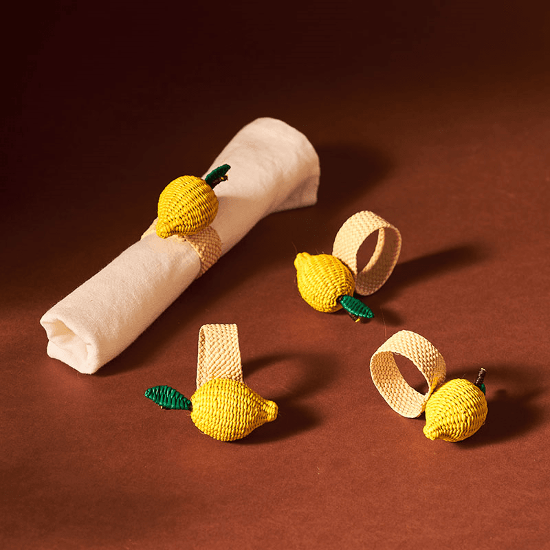 Narino Lemon Set of 4 Woven Napkin Rings, Yellow