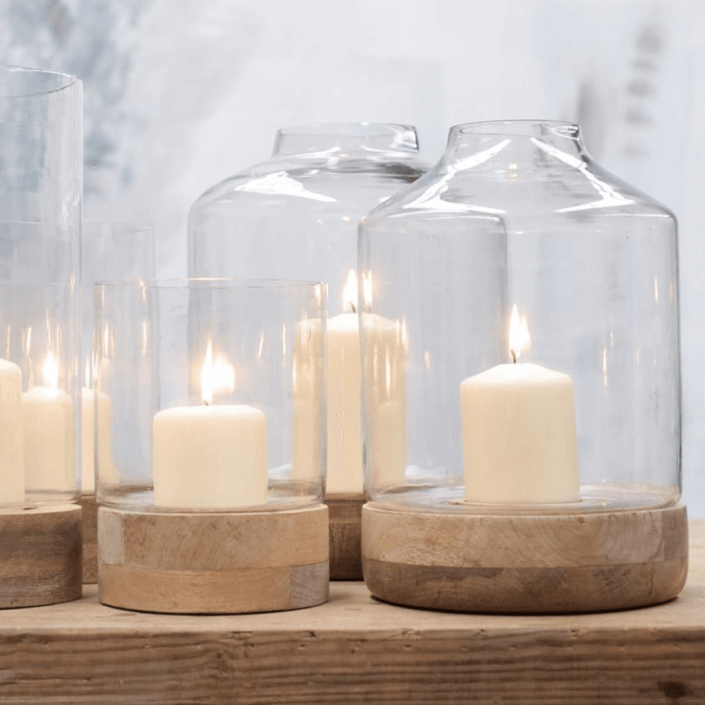 Idha Tapered hurricane lantern, 32.5 x 21.5cm, Mango Wood And Glass