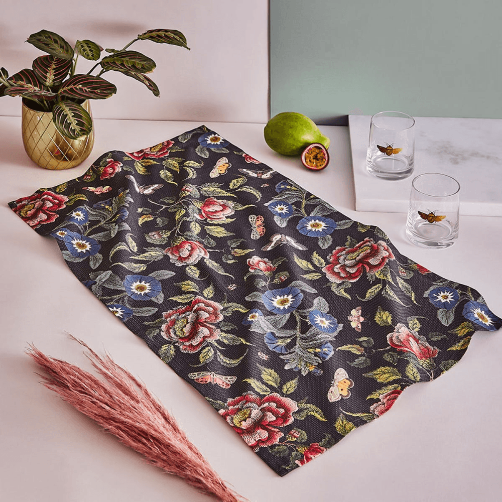 Tea Towel Black, Floral, Black