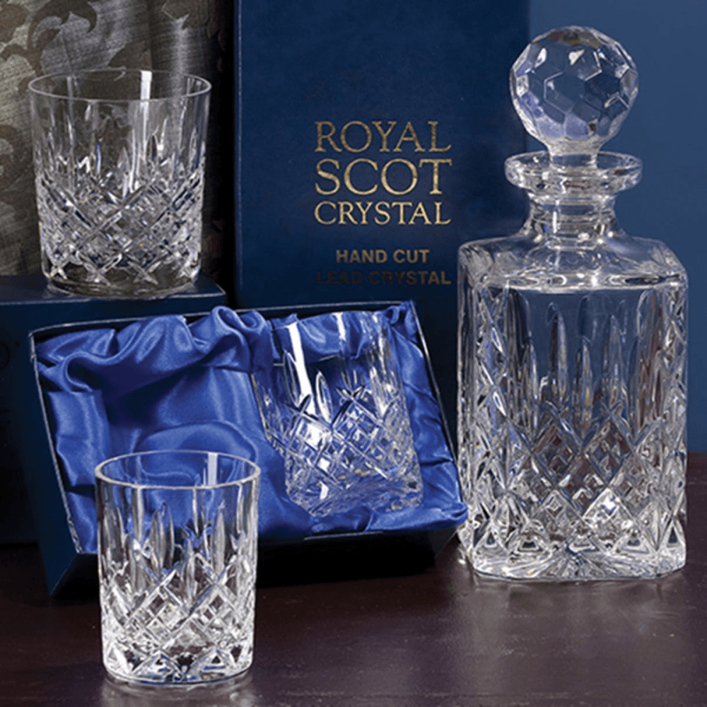 London Crystal Square Spirit Decanter and Tumblers Pair Gift Set, Clear