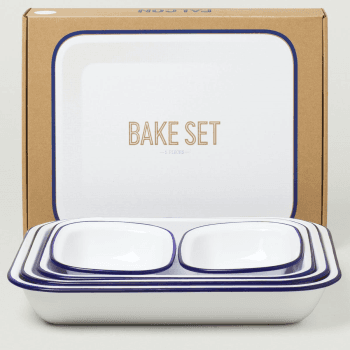 Image showing the Enamel 5 Piece Bake Set, White with Blue Rim product.