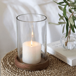 Image showing the Mango Wood Hurricane Candle Holder, H19.5cm, Clear product.
