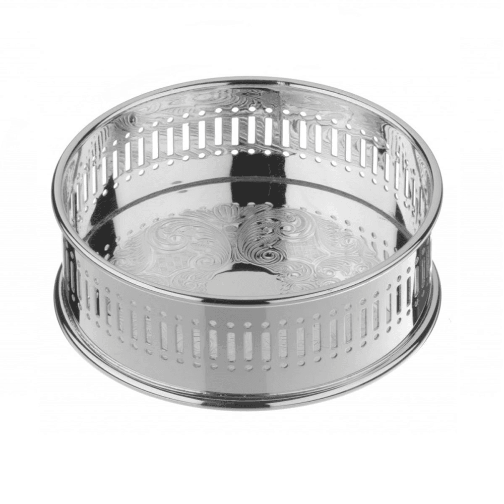 Bottle coaster with roll chased metal base, Silver Plate