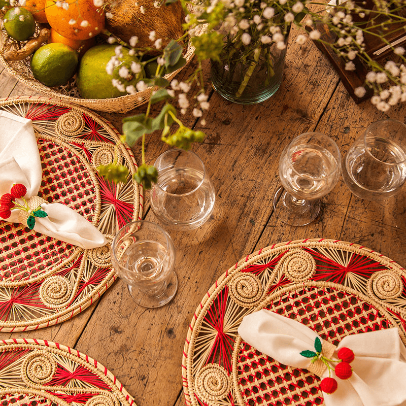 Narino Cherries Set of 4 Woven Napkin Rings, Red