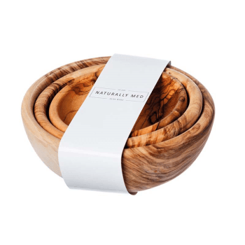 Image showing the Naturally Med Olive Wood Set of 3 Stacking Bowls product.