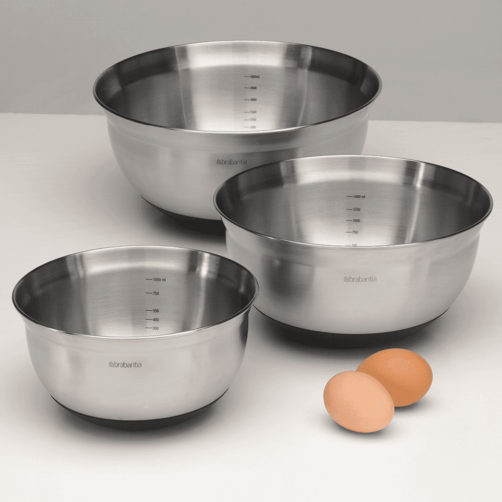 Set of 3 mixing bowls, 1, 1.6 and 3 litre, Matt Steel