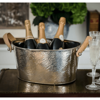 Image showing the Leather Handled Champagne bath, H18 x W20 x D38cm, Hammered Nickel Plate product.