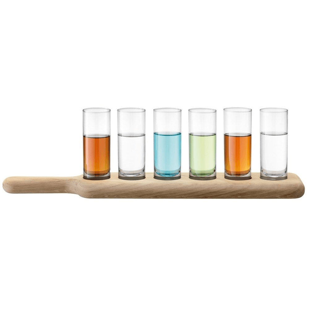 Paddle Set of 6 vodka glasses with oak paddle, 40cm, clear