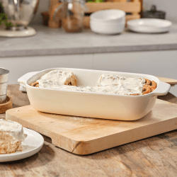Image showing the Stoneware Dish with Bamboo Lid, 32cm, Almond Cream product.