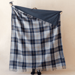 Image showing the Recycled Wool Picnic Blanket with Brown Leather Carrier, 140 x 190cm, Bannockbane Silver Tartan product.