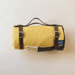 Image showing the Herringbone Recycled Wool Picnic Blanket with Brown Leather Carrier, 140 x 190cm, Mustard product.
