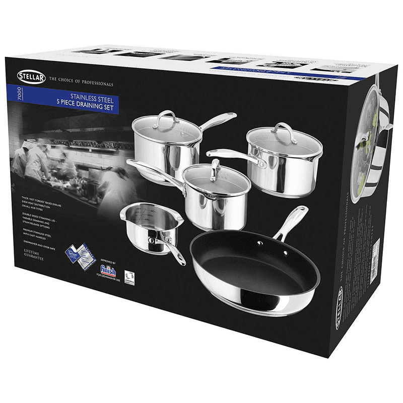 7000 5 piece draining saucepan set, 14-26cm, Stainless Steel