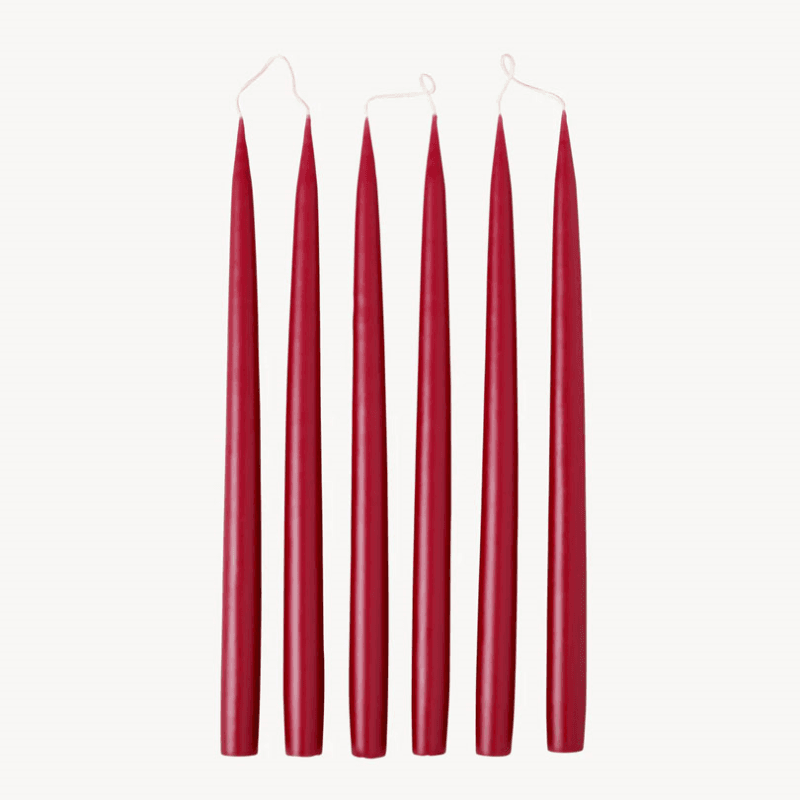 Set of 6 Tapered Dinner Candles, H35cm, Burgundy Red