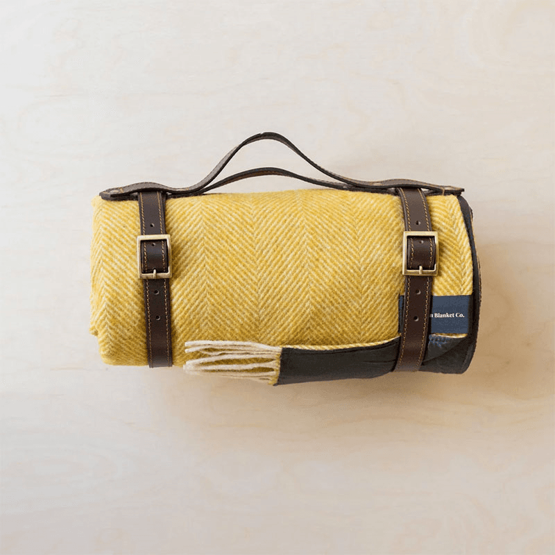 Herringbone Recycled Wool Picnic Blanket with Brown Leather Carrier, 140 x 190cm, Mustard