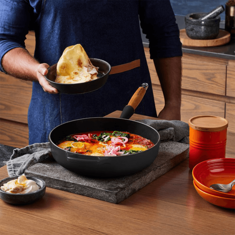 Signature Cast Iron Saute Pan with Wooden Handle, 28cm, Satin Black
