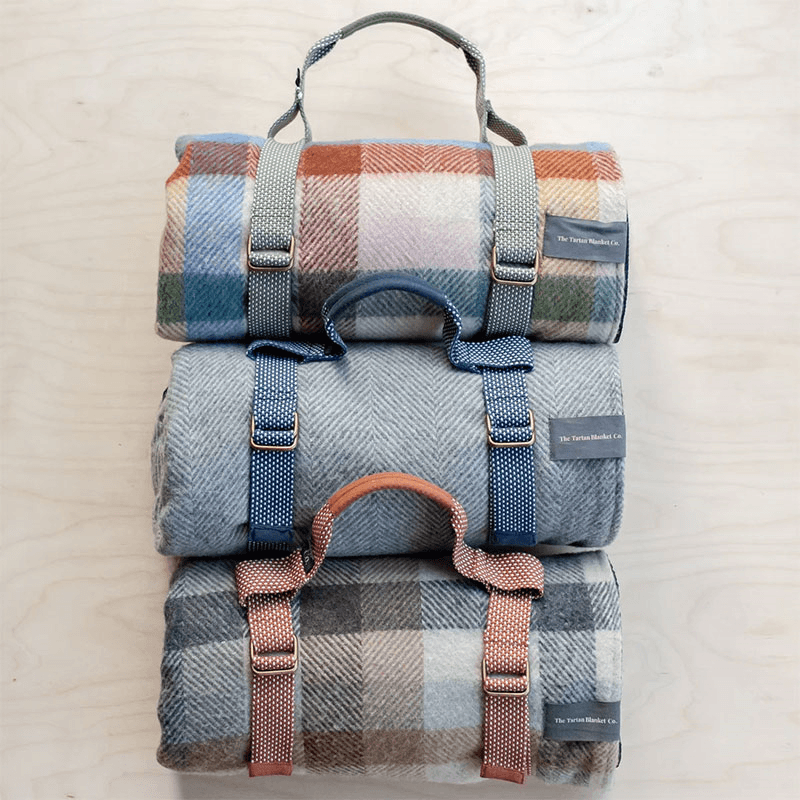 Herringbone Recycled Wool Picnic Blanket with Brown Leather Carrier, 140 x 190cm, Mustard