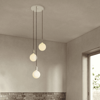 Image showing the Canopy & Sphere Bulb Triple ceiling plate & pendant set, H400 x W25cm, White & Brass product.