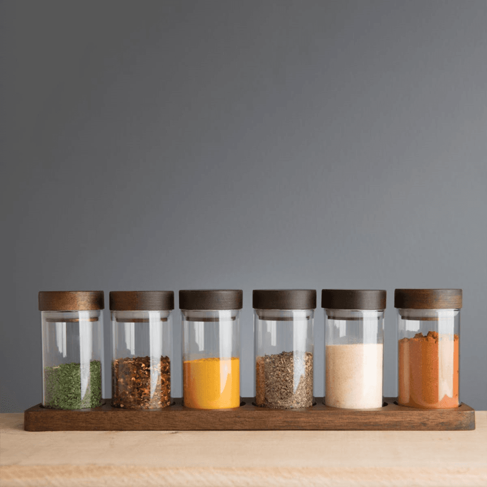 6 piece spice jar set, 120ml, acacia wood / glass