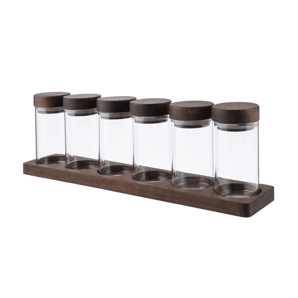 6 piece spice jar set, 120ml, acacia wood / glass