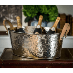 Image showing the Hammered Champagne bath with leather handle, 21 x 53 x 35cm, Nickel Plate And Leather product.