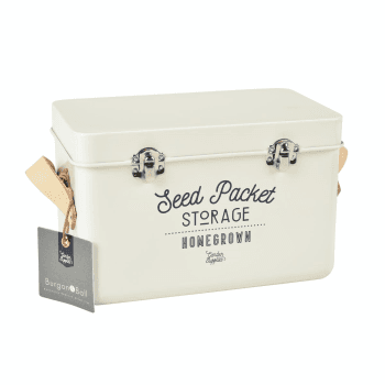 Image showing the Leather Handled Seed Packet Storage Tin, Cream product.