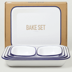 Image showing the Enamel 5 Piece Bake Set, White with Blue Rim product.